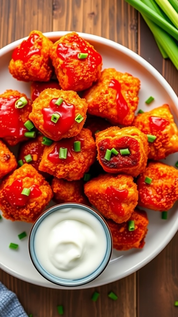 Crispy salmon bites coated in spicy Buffalo sauce, served with ranch dressing on a wooden table.